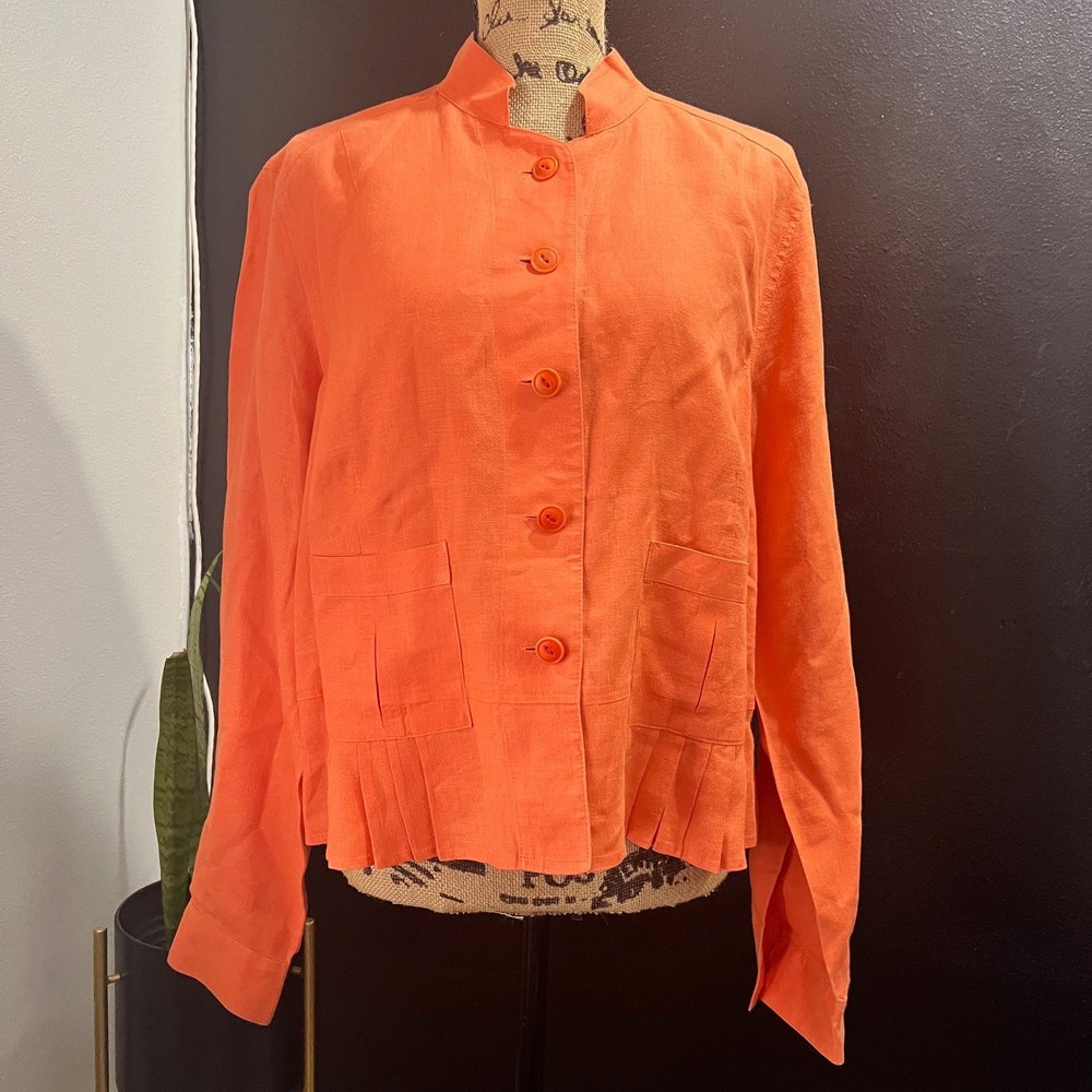 Sigrid Olsen XL Linen Button Down Top Coral‎ Orange Collared Shirt